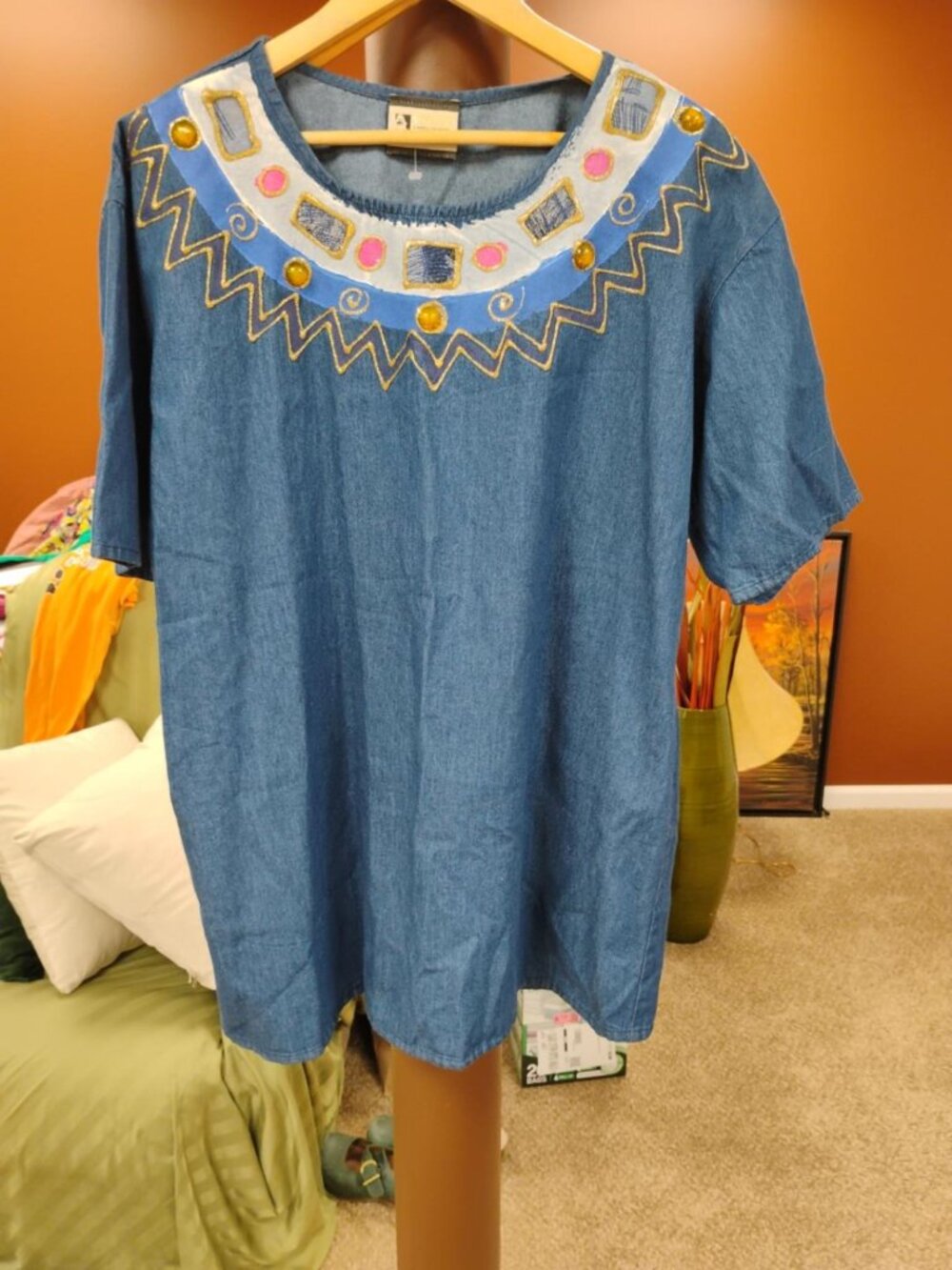 Vintage Visage Denim Tunic XL Wearable Art Embellished Made USA